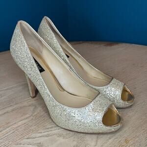 White House Black Market Dancer Gold Glitter Peep Toe Pumps Heels Size 7.5